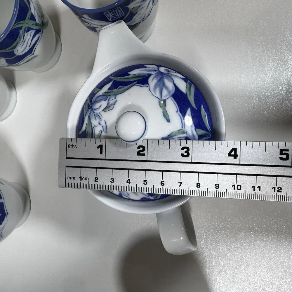 Vintage Arita Yaki Japanese Porcelain Kyusu Yunomi Tea Set Royal Iris Blue White